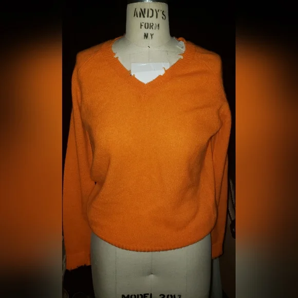 Minnie Rose 100% cashmere orange 🍊 crew neck cut trim. S/M Crew & Scoop Necks